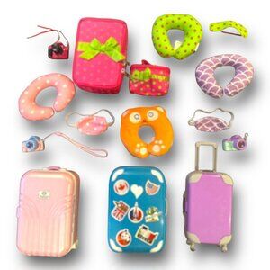 Doll Travel  Set, 4 Suitcases, 4 Neck Pillows, 4 Cameras, 3 Eye Covers and More